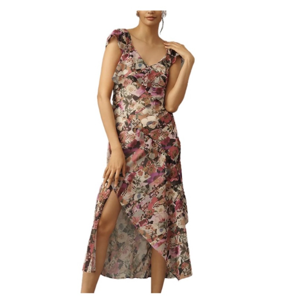 Anthropologie Floral Ruffle Maxi Dress Asymmetrical Size Small